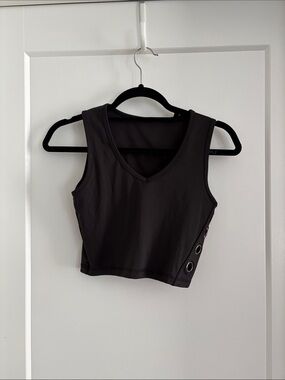 Black V-Neck Crop Tank with Side Eyelet Detail and Built in Sports Bra